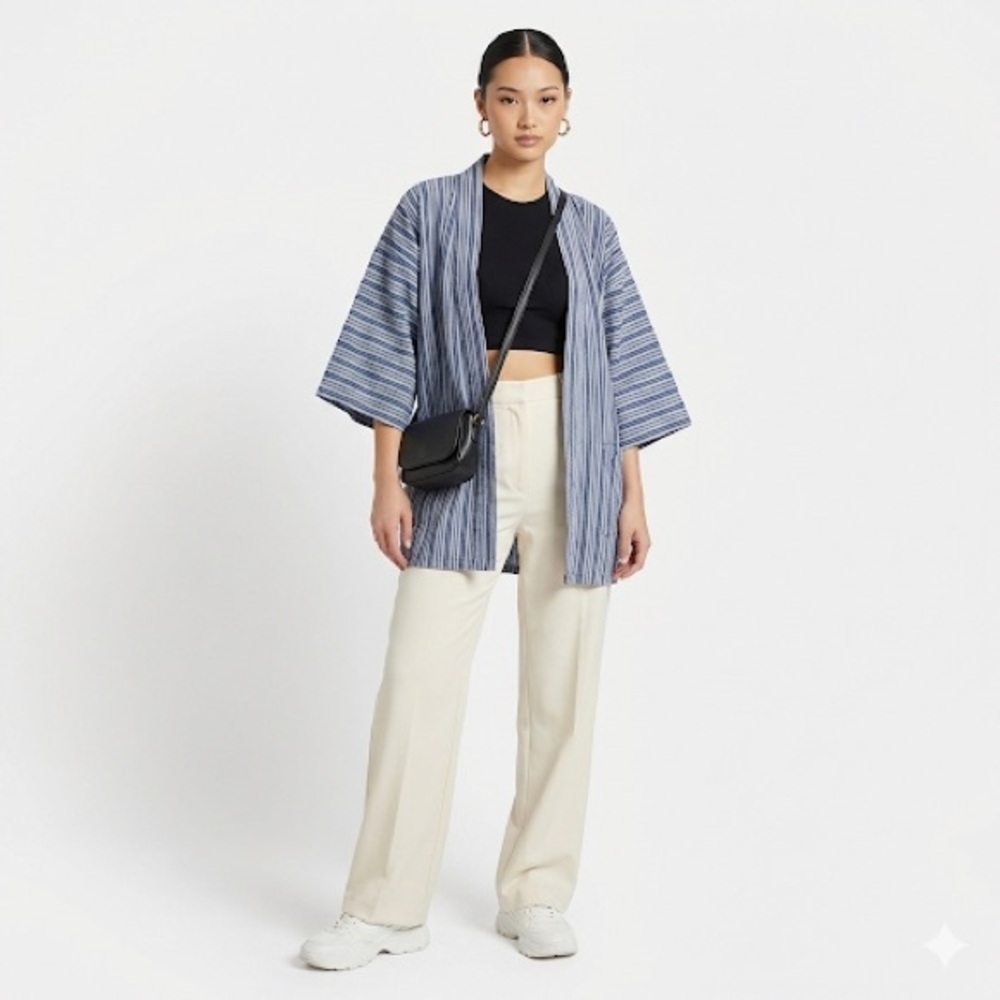 FP in Tokyo cotton kimono robe made in Japan blue stripe